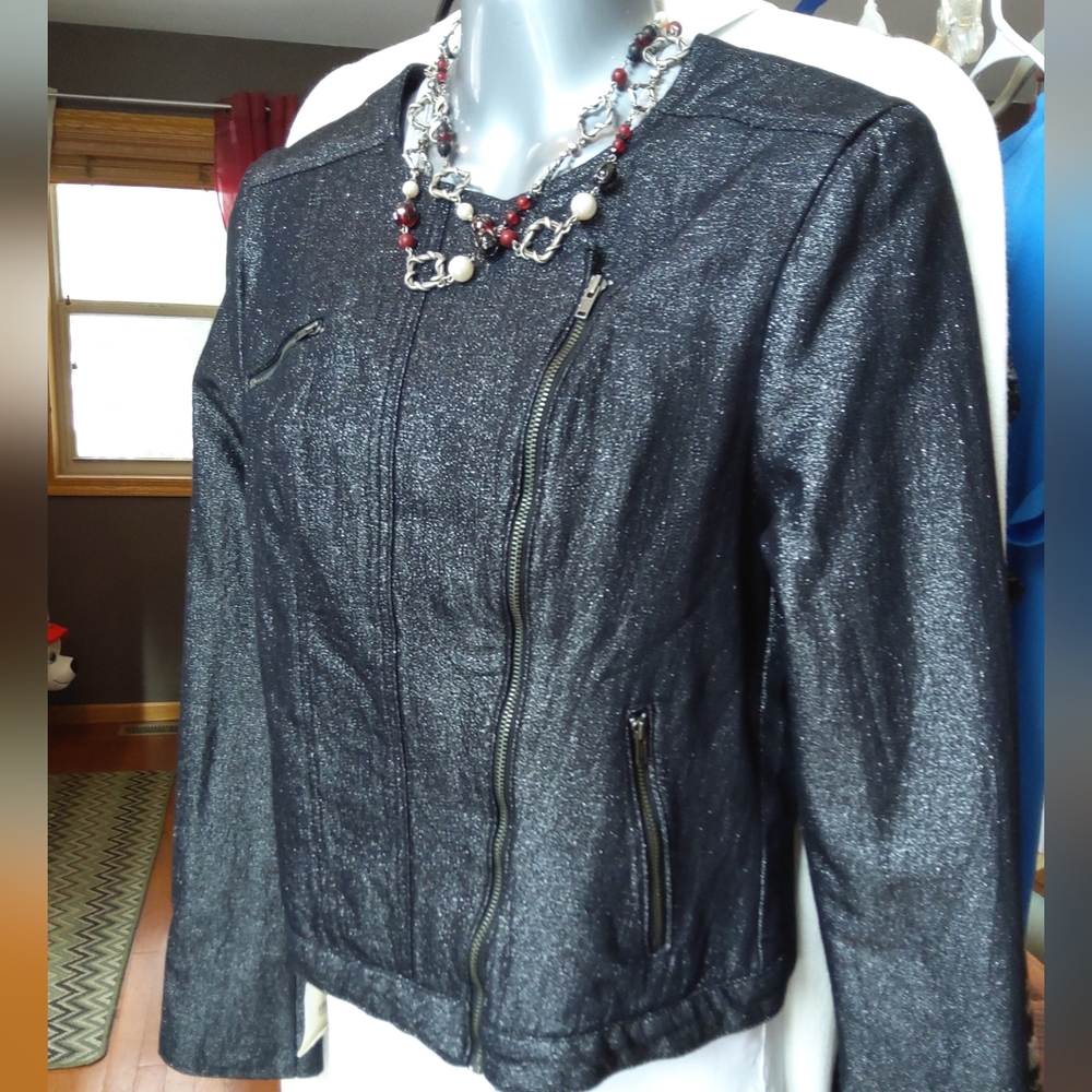 GUESS Shimmer Denim Zip Moto Jacket - MEDIUM